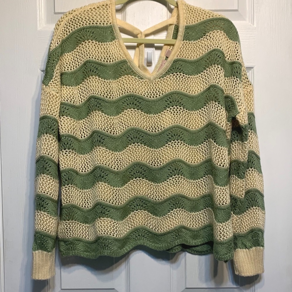 Willow + Root Sweater Medium Green Cream Wavy Chevron Open Knit V-Neck Festival